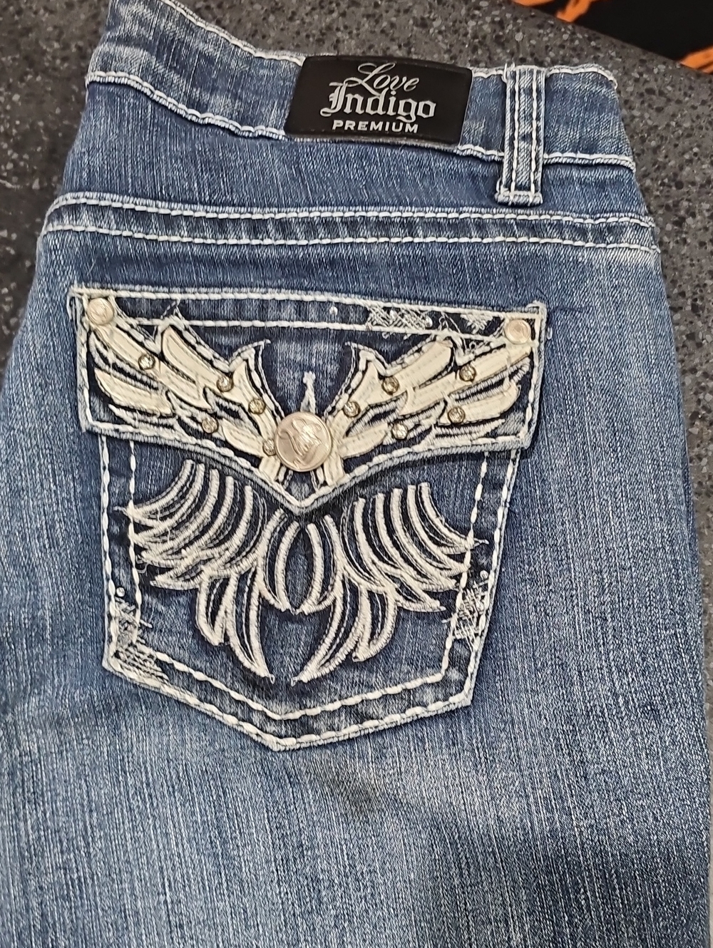 Love Indigo Women's Blue Denim Jeans with White Embroidered Pocket